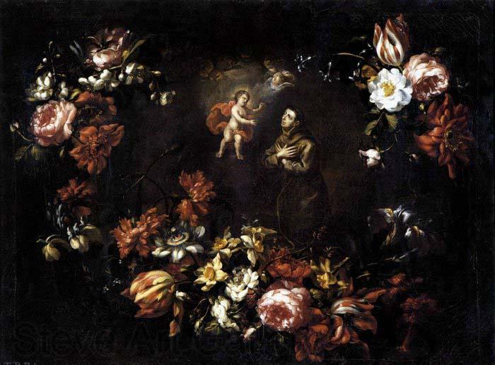 unknow artist Garland of Flowers with St Anthony of Padua Norge oil painting art